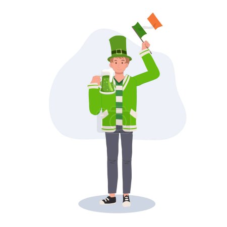 Téléchargez les illustrations : St Patricks Day Celebration. Homme jovial avec drapeau irlandais en tenue verte. - en licence libre de droit