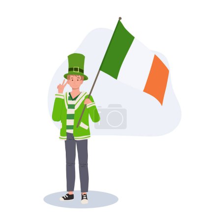 Téléchargez les illustrations : St Patricks Day Celebration. Homme jovial avec drapeau irlandais en tenue verte. - en licence libre de droit