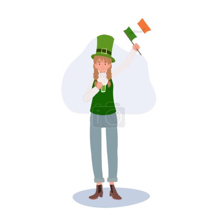 Téléchargez les illustrations : Fête de la Saint Patrick. Femme joyeuse avec drapeau irlandais - en licence libre de droit