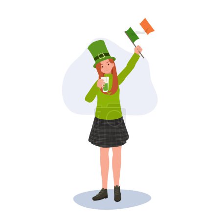 Téléchargez les illustrations : Fête de la Saint Patrick. Femme joyeuse avec drapeau irlandais - en licence libre de droit