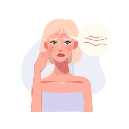 Illustration for Skincare Concept. Portrait of a worried Woman Stressed about Forehead Wrinkles - Royalty Free Image