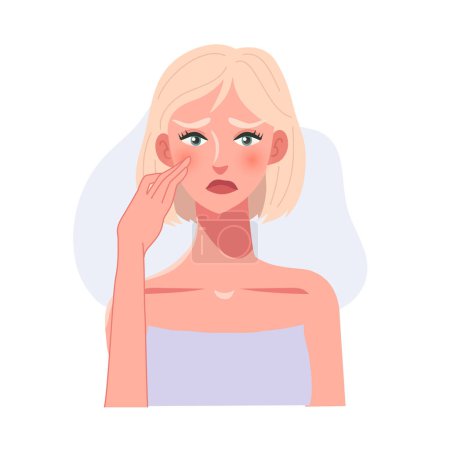 Illustration for Skincare Concept.  Portrait of a Woman's Concern in Skincare in her face by touching Face. - Royalty Free Image