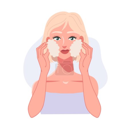 Illustration for Clean Skin and Skincare Wellness  Facial Care Concept. Beauty Woman Washing Her Face. - Royalty Free Image
