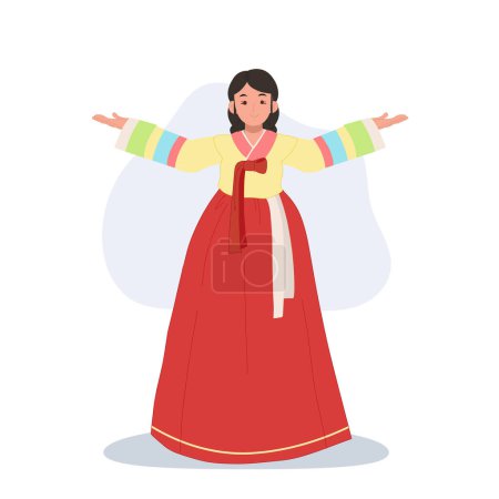 Téléchargez les illustrations : Femme en robe traditionnelle coréenne Hanbok présente fièrement l'élégance culturelle. - en licence libre de droit