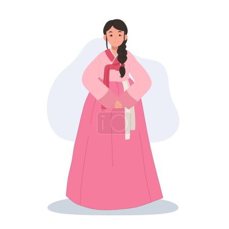 Téléchargez les illustrations : Joyeuse salutation de Hanbok. Femme asiatique souriante en coréen Hanbok Salutation avec joie et politesse - en licence libre de droit