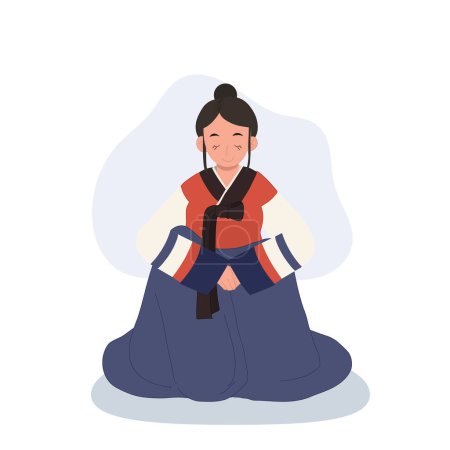 Téléchargez les illustrations : Un geste respectueux.Jeune femme en coréen Hanbok, Faire place à la tradition. Salutation traditionnelle - en licence libre de droit