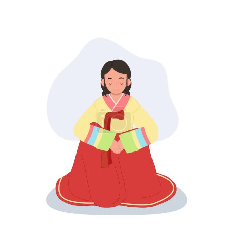 Téléchargez les illustrations : Un geste respectueux.Jeune femme en coréen Hanbok, Faire place à la tradition. Salutation traditionnelle - en licence libre de droit