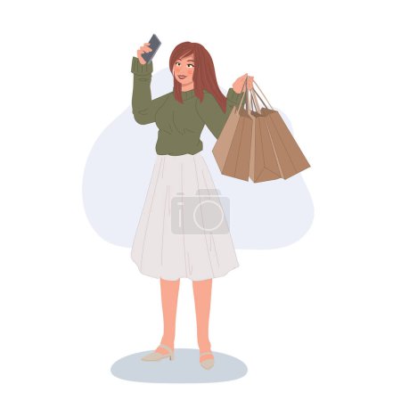 Belle femme prenant Selfie avec Smartphone après le shopping