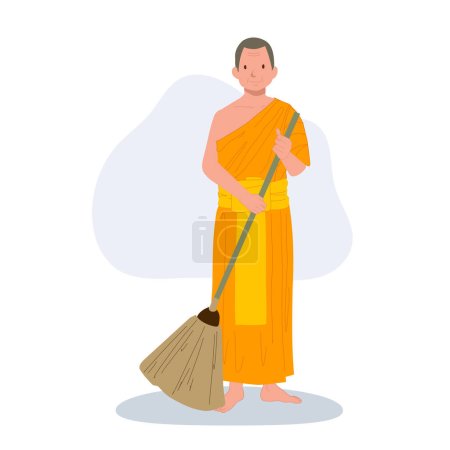 Illustration for Monk in Traditional Robes Engaged in Daily Cleaning, sweeping the floor - Royalty Free Image
