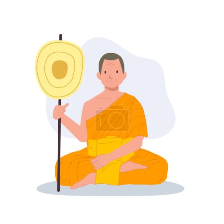 Téléchargez les illustrations : Assis moine thaïlandais en robes traditionnelles avec ventilateur de talipot. - en licence libre de droit