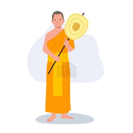 Téléchargez les illustrations : Pleine longueur debout moine thaï dans les robes traditionnelles avec ventilateur de talipot. - en licence libre de droit