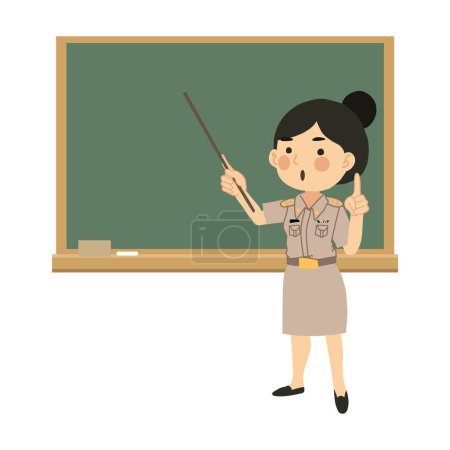 Lernen im Klassenzimmer. Asiatische Pädagogin unterrichtet mit Zeigerstab und Kreide.