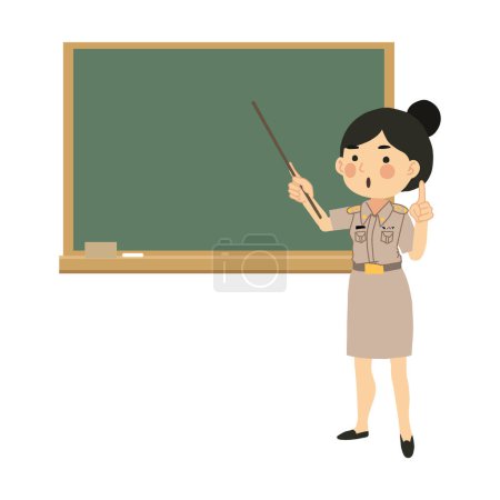 Lernen im Klassenzimmer. Asiatische Pädagogin unterrichtet mit Zeigerstab und Kreide.