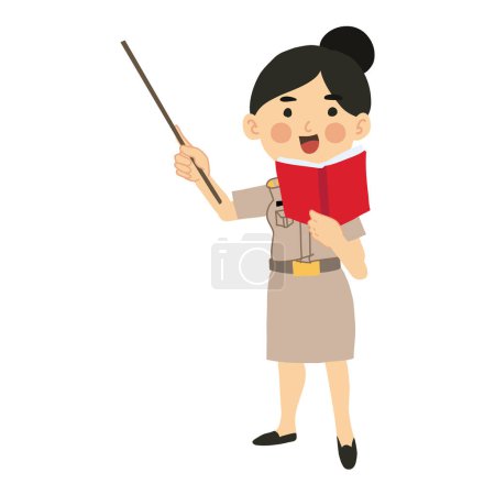 Téléchargez les illustrations : Happy Thai Instructor Holding Stick, Leçon d'enseignement avec livre en classe - en licence libre de droit