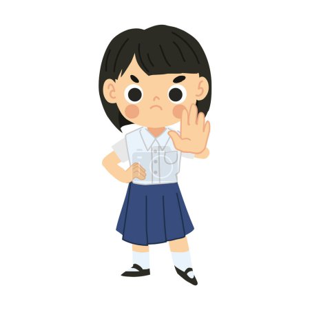 Angry Thai Student Girl in Cartoon Style Expresses Refusal with NO Hand Gesture. Signaling NO, Symbolizing Disagreement