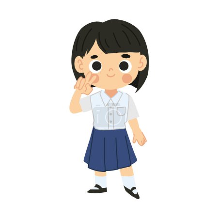 Thai Student Girl Cartoon Character in Cute Kawaii Style Smiling Happily