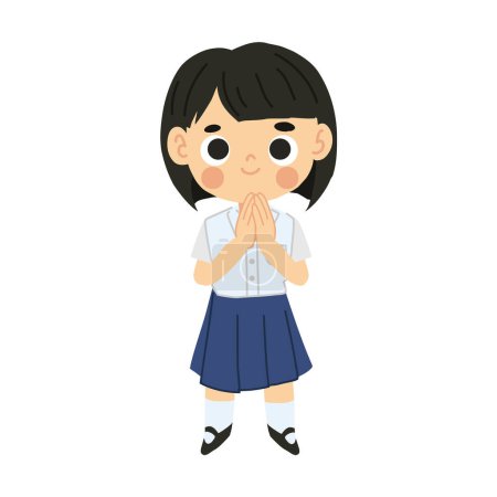 Thai Student Girl in Cute Kawaii  Cartoon Style Character is Sawasdee Greeting 