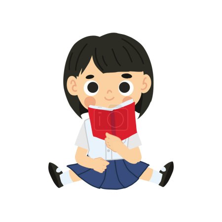 Learning and Study Concept. Adorable Thai Student Cartoon Sitting and Reading Book.