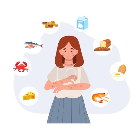 Condición médica. Alergia alimentaria en la mujer, erupción cutánea, reacción alérgica que rodea a los iconos de los alimentos causa de la alergia.