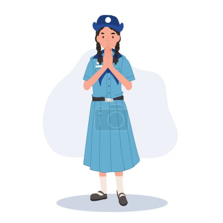 joven thai chica scout en uniforme saludo sawasdee en tradicional tailandés cultura juventud scouting
