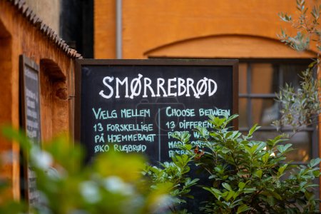 Photo for Copenhagen, Denmark A sign in Danish advertising the traditional smorrerbrod food. - Royalty Free Image