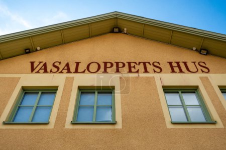 Photo for Mora, Sweden July 13, 2023 The facade and sign for the  Vasaloppets Hus, the official site of the famous Vasaloppet winter cross crountry ski race. - Royalty Free Image