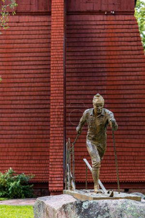 Photo for Mora, Sweden July 13, 2023 A landmark bronze statue of a cross country skier to commemorater the annual Vasaloppet winter ski race. The Vasa Race Runner from 1974 was made by Per Nilsson-Ost. - Royalty Free Image