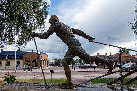 Photo for Mora, Sweden July 13, 2023 A landmark bronze statue of a cross country skier to commemorater the annual Vasaloppet winter ski race. The Vasa Race Runner from 1974 was made by Per Nilsson-Ost. - Royalty Free Image
