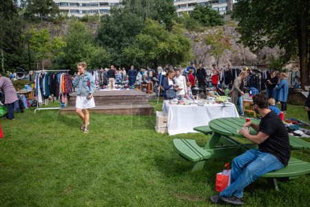 Photo for Stockholm, Sweden Sept 3, 2023 People at a Sunday yardsale in the Tanto district of Sodermalm. - Royalty Free Image