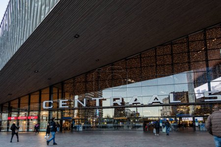 Photo for Rotterdam, Netherlands, Nov 11, 2023 Christmas ights on the facade of the Rotterdam central station. - Royalty Free Image