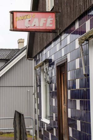 Photo for Billinge, Sweden An old antique sign over a closed bakeshop and cafe. - Royalty Free Image