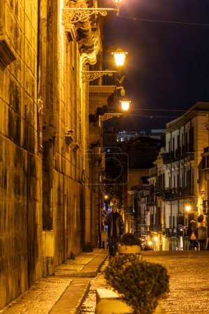 Foto de Palermo, Sicilia, Italia Jan 12, 2024 Una persona caminando por la noche bajo los arcos de la Catedral de Palermo. - Imagen libre de derechos