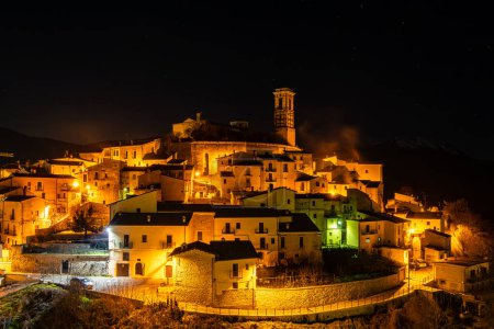 Goriano, Sicoli, Italy A night view of the  hilltop town of Goriano Sicoli and also drawn by MC Escher.
