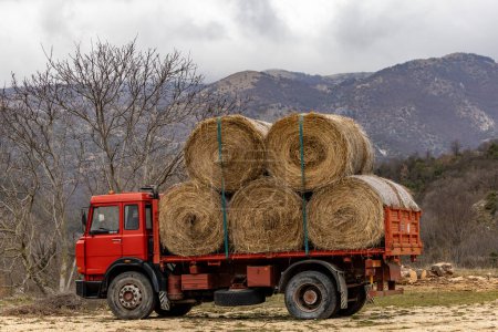Scanno, Italia Un camión rojo con una gran carga de fardos de heno.