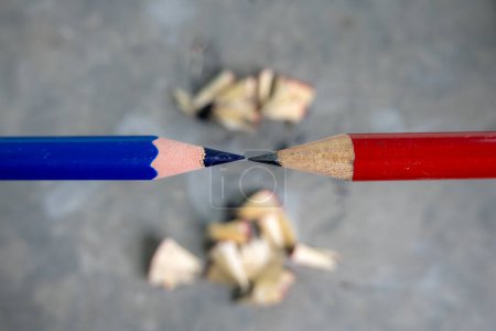 Photo for Red and blue pencils and pencil sharpenings - Royalty Free Image