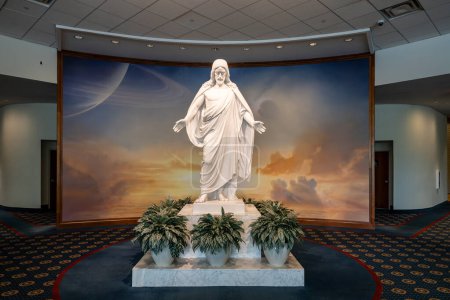 Photo for Kensington, Maryland  April 26, 2024 A statue of Jesus at the Mormon Temple, or the Washington D.C. Temple - Royalty Free Image