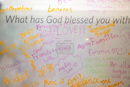 Photo for Kensington, Maryland  April 24, 2024 A whiteboard display at the Mormon Temple, or the Washington D.C. Temple, asking visitors, What has God Blessed you with? - Royalty Free Image