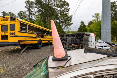 Foto de Solomons, Maryland, Estados Unidos 26 de abril de 2024 Un autobús escolar estrellado y un automóvil estrellado estacionado en una estación de bomberos. - Imagen libre de derechos
