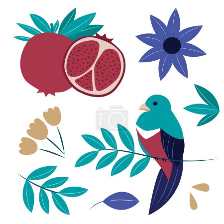 Téléchargez les illustrations : Les éléments de conception se composent de grenade, d'oiseaux et de fleurs dans l'illustration vectorielle - en licence libre de droit
