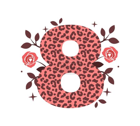 Ilustración de Trendy number 8 with leopard print and roses in a vector illustration for spring holiday, birthday - Imagen libre de derechos