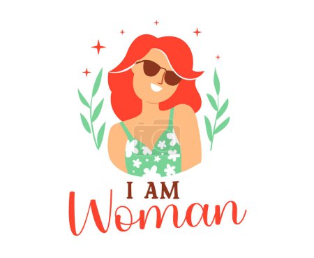 Ilustración de I am Woman. The card with girl and lettering slogan in a vector illustration for Women day - Imagen libre de derechos