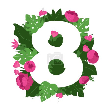 Ilustración de Spring number 8 with flowers and leaves. Composition in a vector illustration for spring holiday, Women day - Imagen libre de derechos