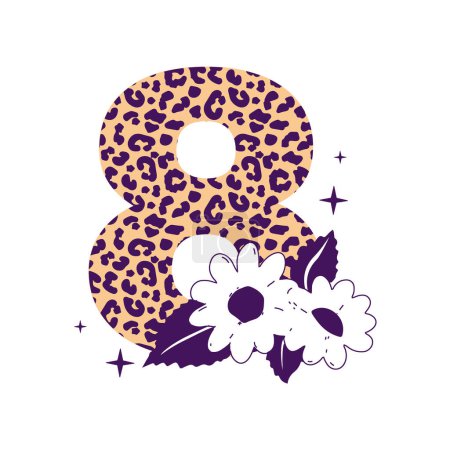 Ilustración de Number 8 with chamomiles and leopard print in a vector illustration for spring holidays, birthday parties - Imagen libre de derechos