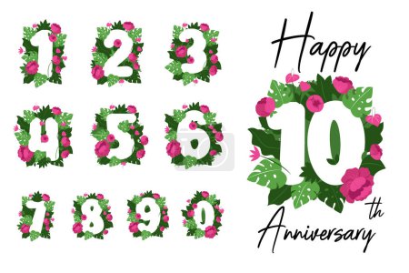 Téléchargez les illustrations : Set of numbers one to ten with flowers peony and monstera in a vector illustration - en licence libre de droit
