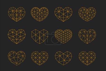 Ilustración de Conjunto de corazones geométricos poligonales en el estilo de arte de línea y color oro, elementos gráficos - Imagen libre de derechos