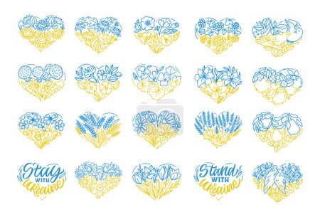 Téléchargez les illustrations : Ensemble de coeur Ukraine dessiné à la main décoratif avec des fleurs, des fruits et des oiseaux pour les dessins ukrainiens - en licence libre de droit