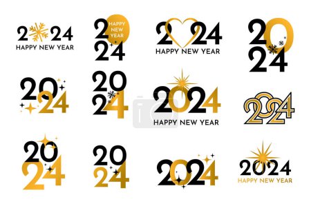 Ilustración de Conjunto de 2024 logotipos y composiciones con marcos de estrellas para feliz año nuevo, letras doradas en la ilustración vectorial - Imagen libre de derechos