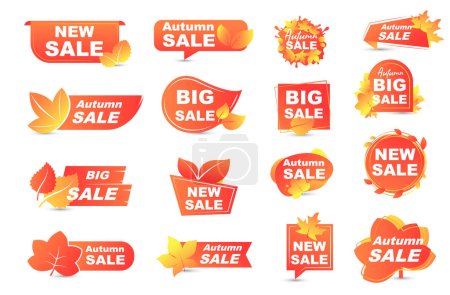 Illustration for Labels, banners with autumn leaves. Set of vector elements for fall season discount, shop order, store sale. Collection promo coupons set - Royalty Free Image