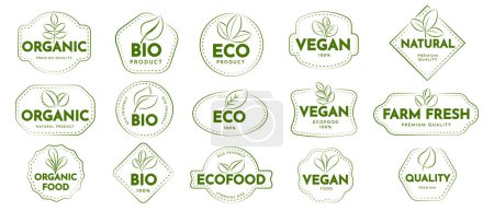 Téléchargez les illustrations : Ensemble de badges Eco dans le cadre. Ferme Timbres alimentaires avec feuilles dans une illustration vectorielle - en licence libre de droit