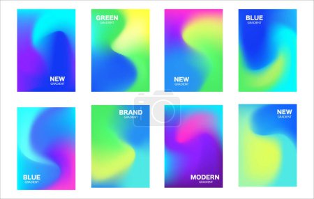 Téléchargez les illustrations : Affiches Rainbow Fluid dégradé dans un style minimal avec du texte. Ondes vertes et bleues abstraites en fond vectoriel. Ensemble de fonds d'écran holographiques futuristes. - en licence libre de droit